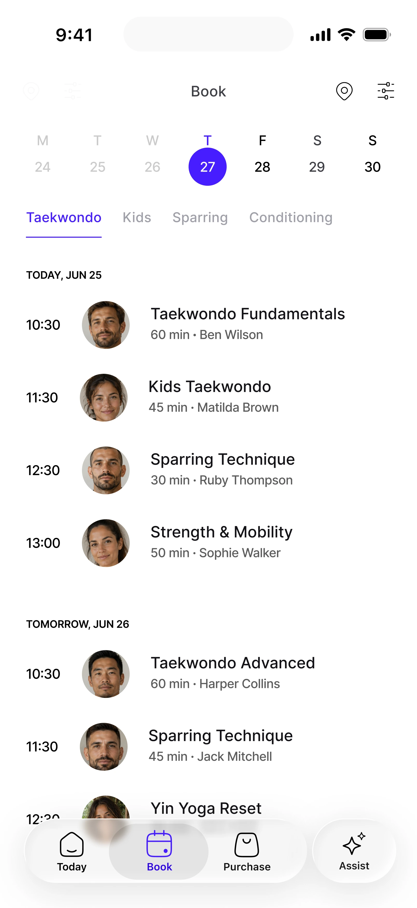 1club mobile app booking screen, branded to a martial arts academy.